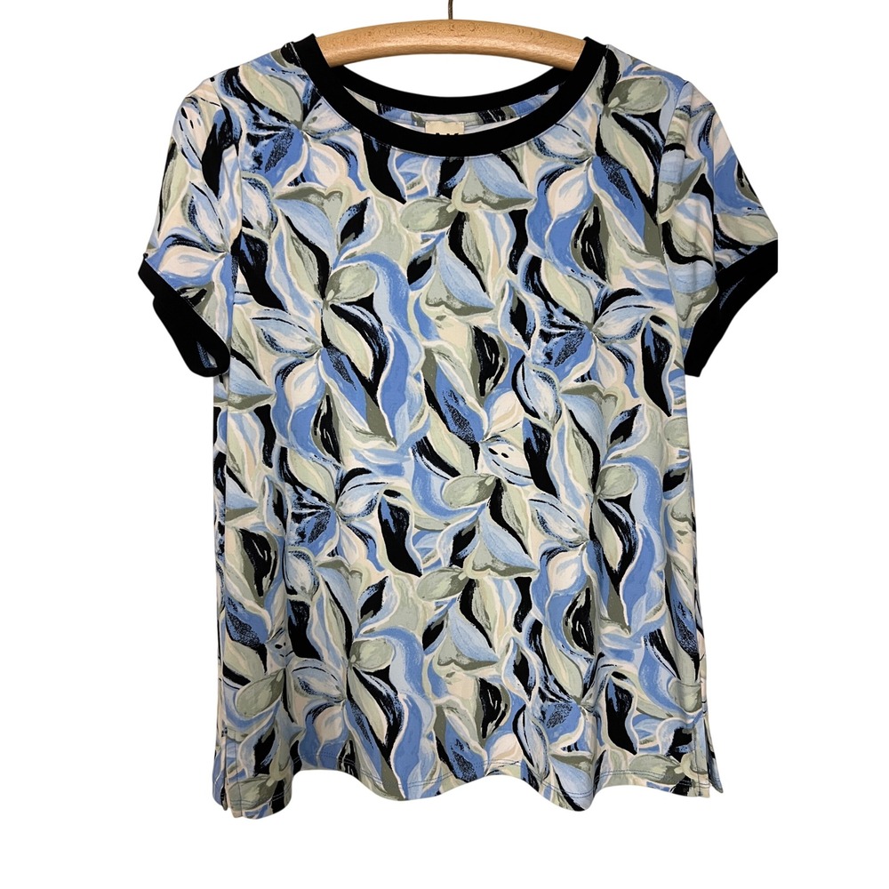 Anne‎ Klein Blouse Women PM Blue Floral Button Back Short Sleeve Career Top D07